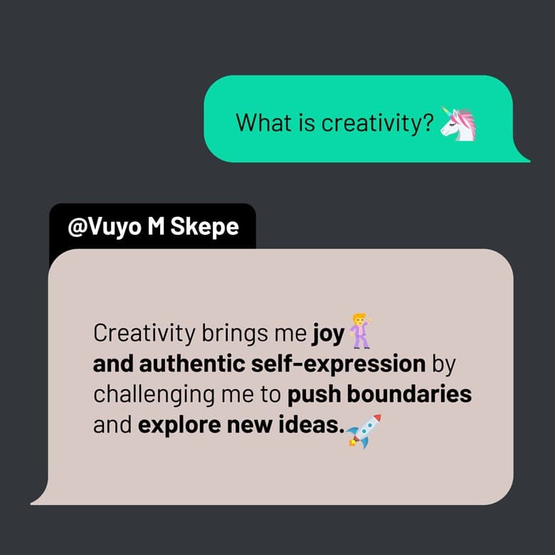 A chat message with the question what is creativity