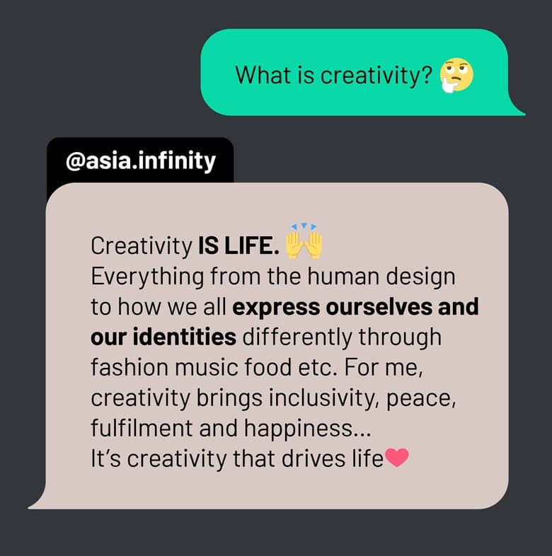 A chat message with the question what is creativity