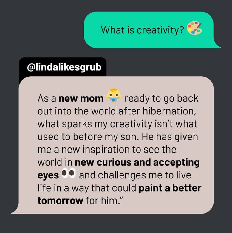 A chat message with the question what is creativity