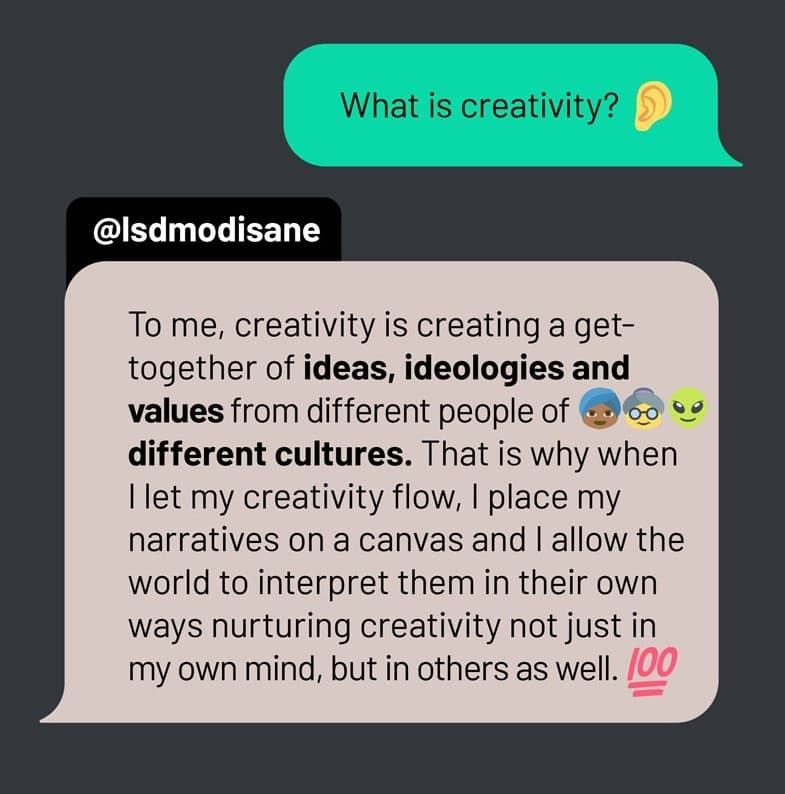 A chat message with the question what is creativity