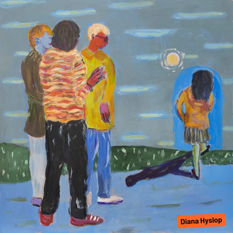 Artwork of three boys looknig at a girl by Diana Hyslop