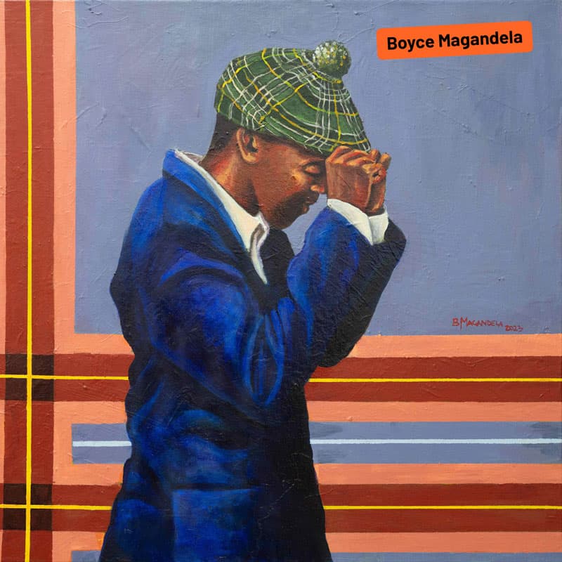 Artwork of a young african boy pulling his hat down by Boyce Magandela