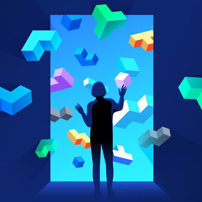 A person standing infront of a blue square with 3D shapes floating out