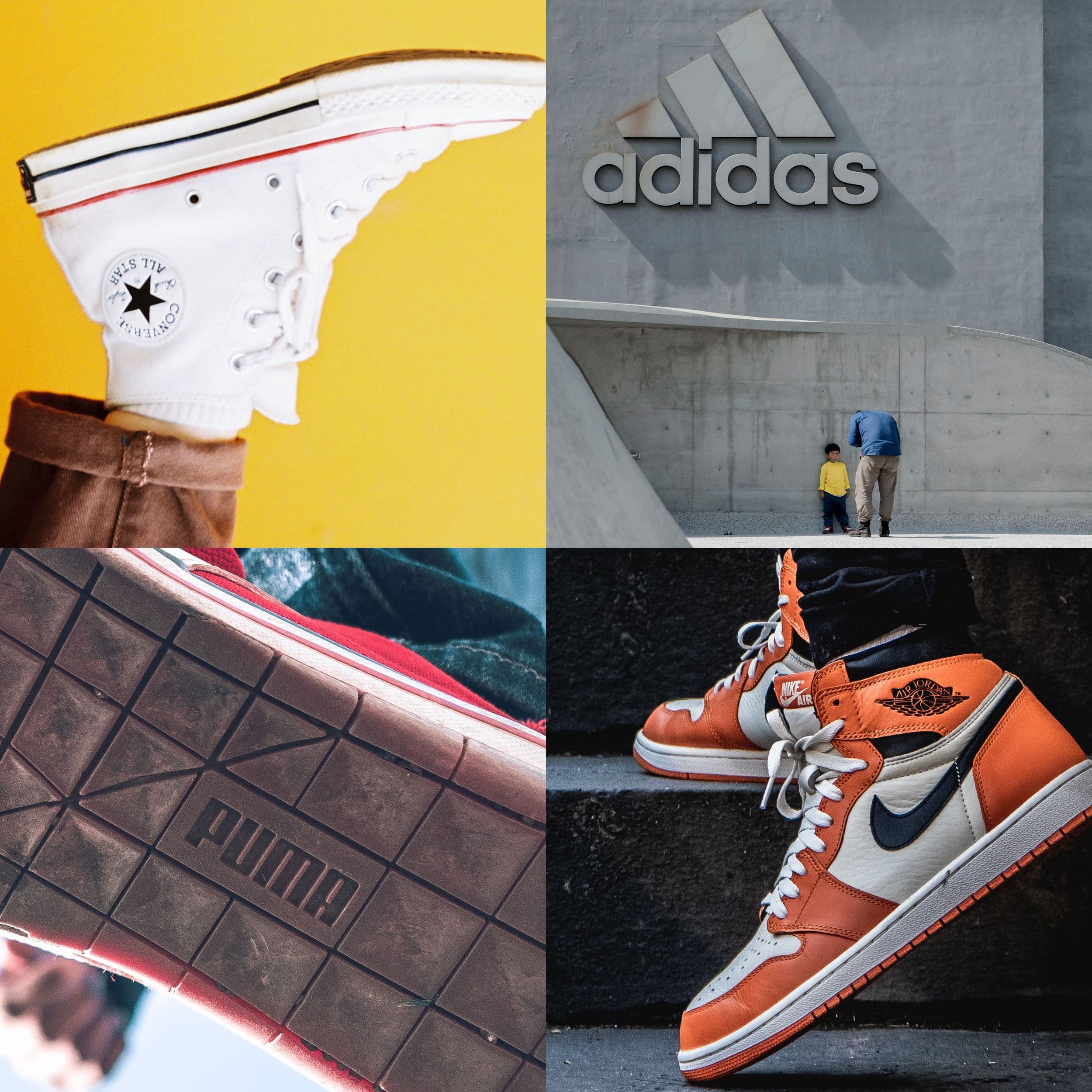 logos of converse, adidas, puma and nike