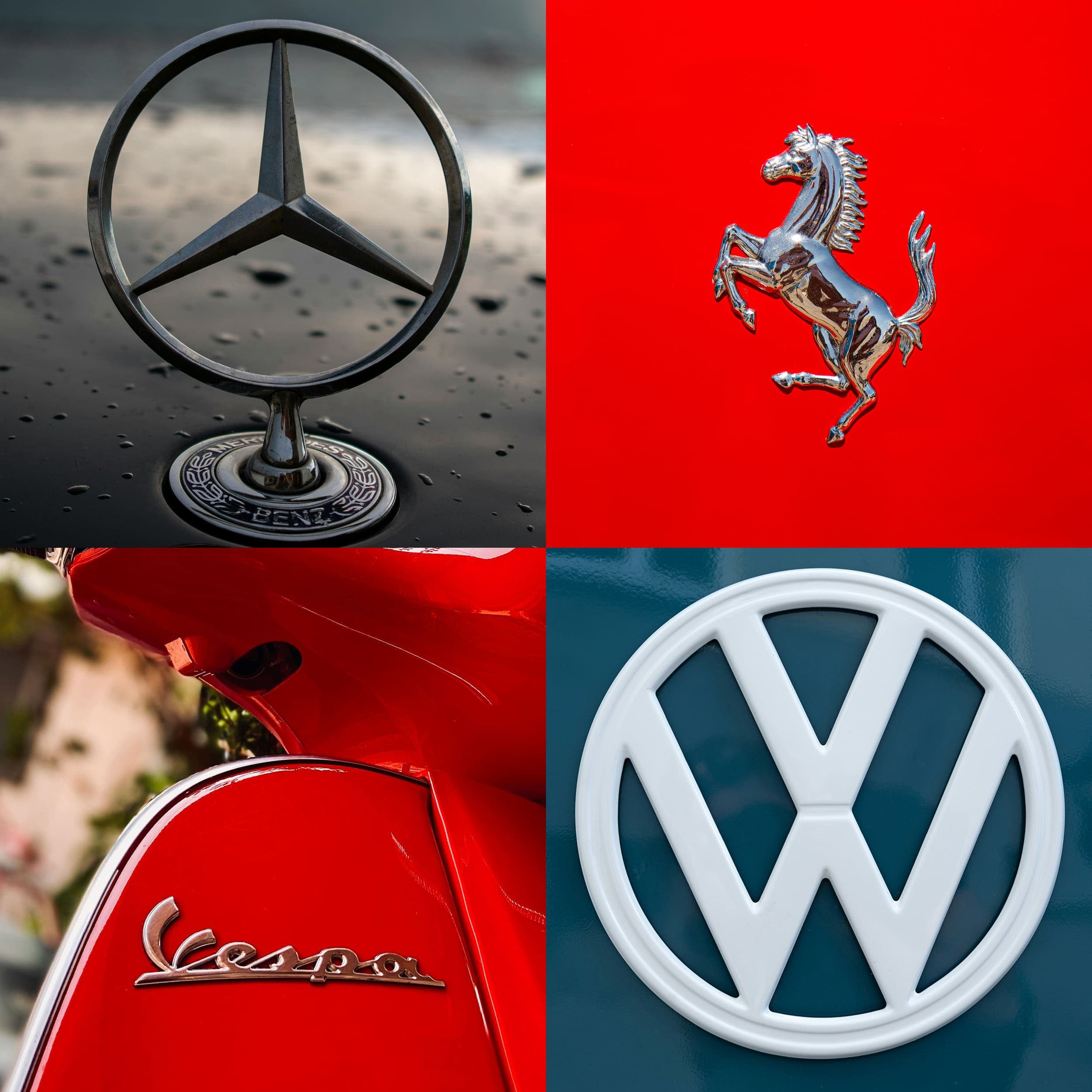 logos of mercedes, ferrari, vespa and volkswagen
