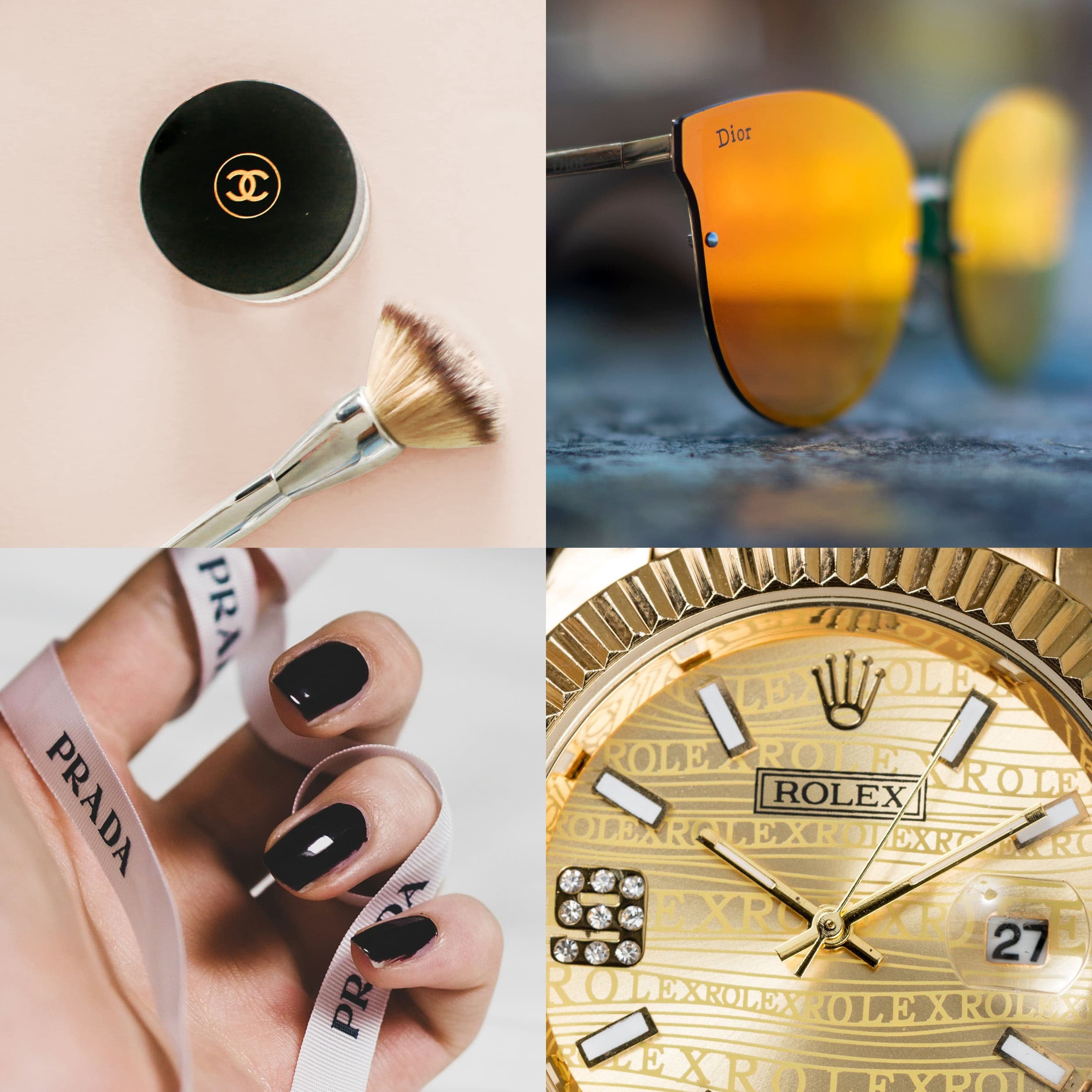 logos of chanel, dior, prada and rolex