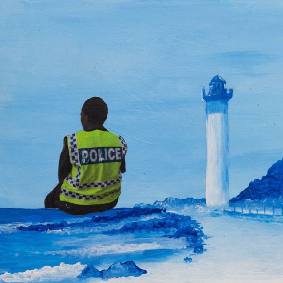Kenneth Shandu's art of a police man sitting on the ocean next to a lighthouse